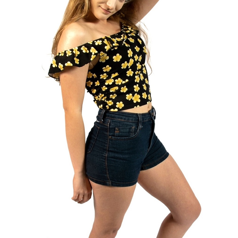 Forever 21 Black and Yellow Floral Cropped Off The Shoulder Ruffle Sleeve Top